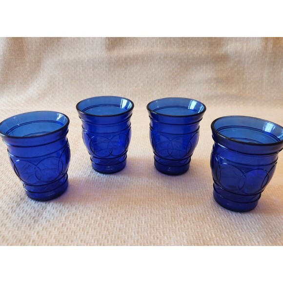 1930 Hazel Atlas Shot Glass Set of 4 Cobalt Blue Hour Glass Shape  3" - Picture 1 of 11
